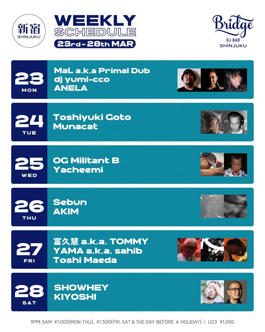DJ BAR Bridge SHINJUKU ウィークリースケジュール